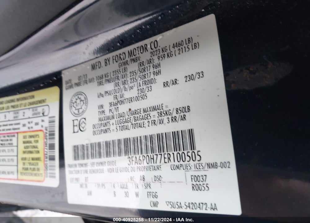 2014 FORD FUSION SE VIN: 3FA6P0H77ER100505