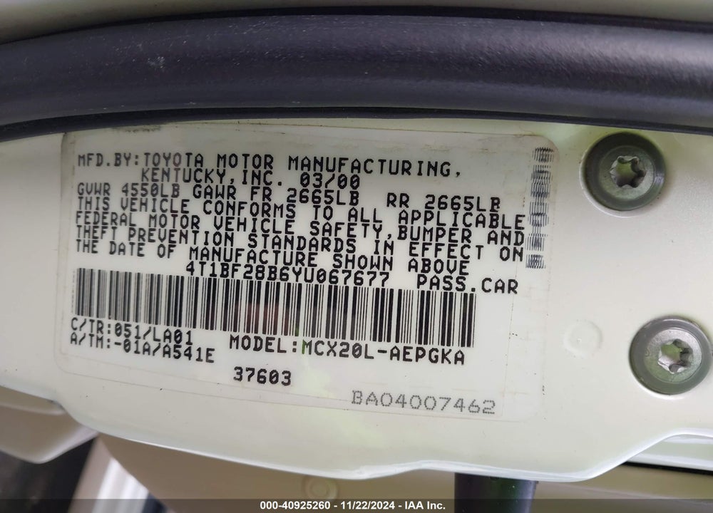 2000 TOYOTA AVALON XLS VIN: 4T1BF28B6YU067677