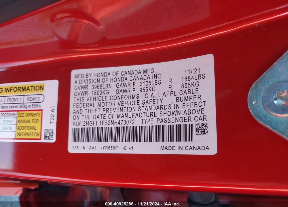 2022 HONDA CIVIC SI VIN: 2HGFE1E52NH470072