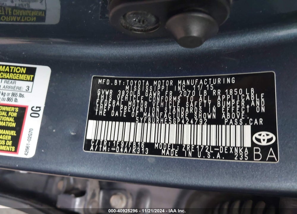 2016 TOYOTA COROLLA VIN: 5YFBURHE5GP424792