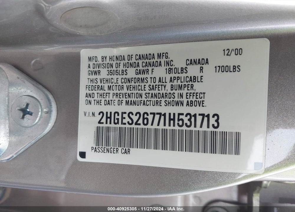 2001 HONDA CIVIC EX VIN: 2HGES26771H531713