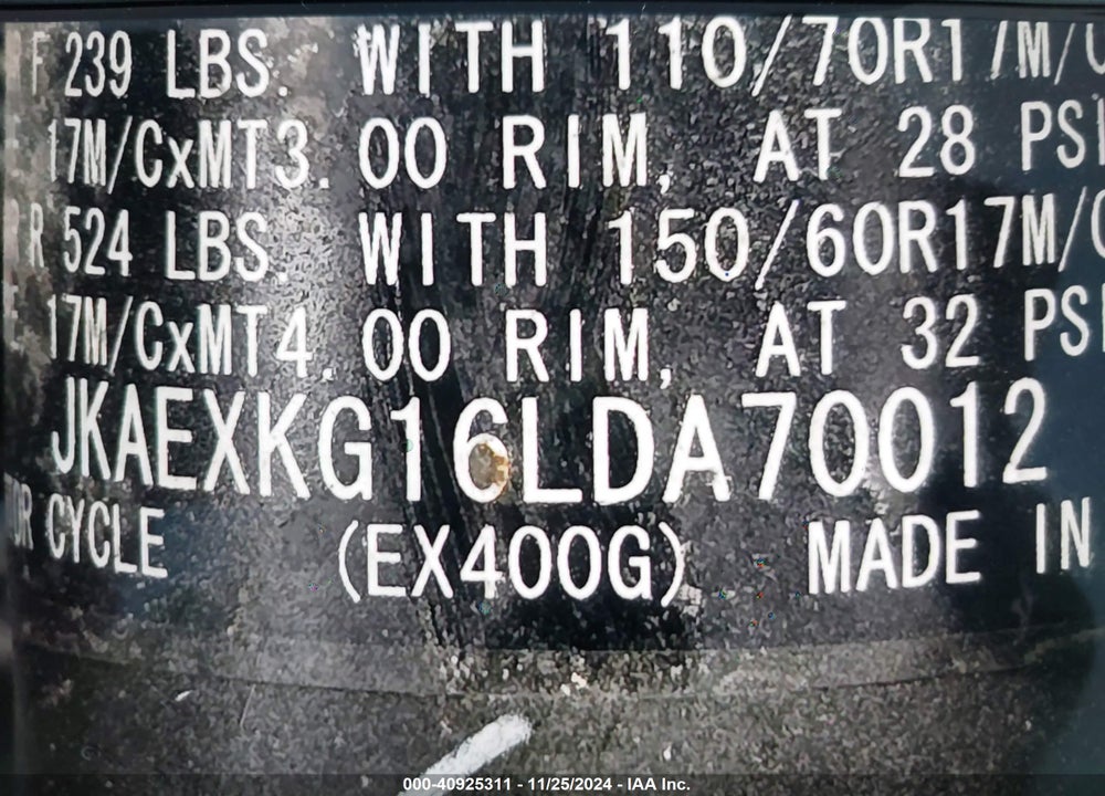 2020 KAWASAKI EX400 VIN: JKAEXKG16LDA70012