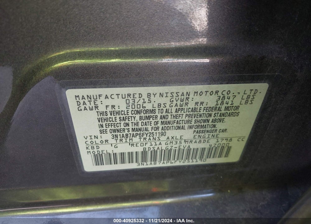 2015 NISSAN SENTRA SL VIN: 3N1AB7AP6FY251190