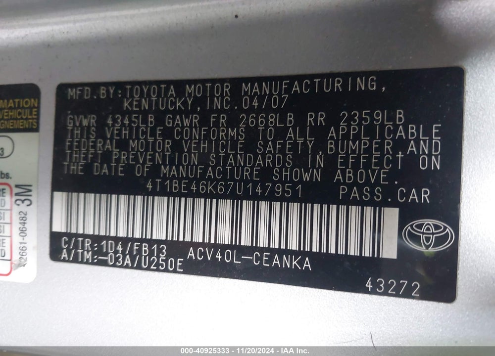 2007 TOYOTA CAMRY LE VIN: 4T1BE46K67U147951