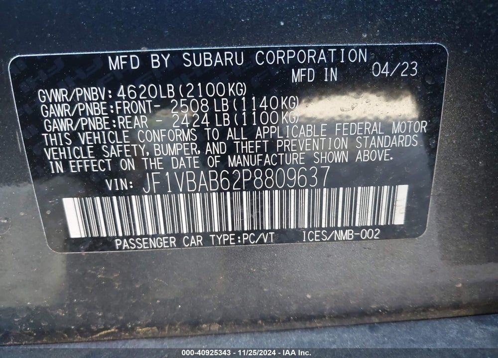 2023 SUBARU WRX VIN: JF1VBAB62P8809637