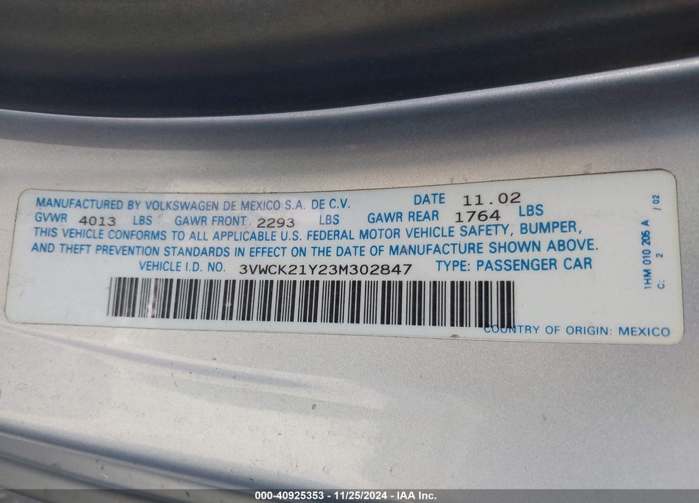 2003 VOLKSWAGEN NEW BEETLE GLS VIN: 3VWCK21Y23M302847