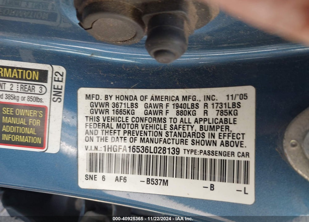 2006 HONDA CIVIC LX VIN: 1HGFA16536L028139