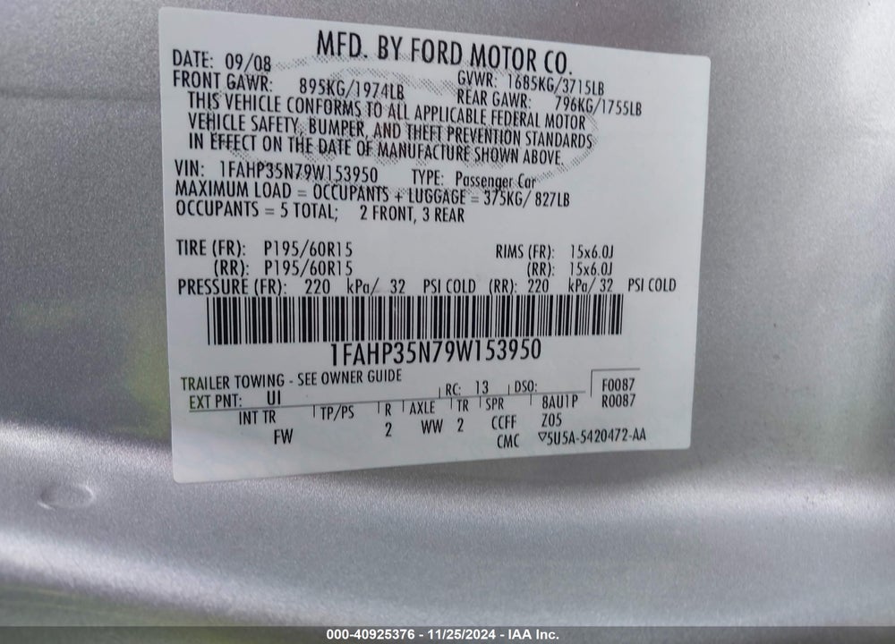 2009 FORD FOCUS SE VIN: 1FAHP35N79W153950