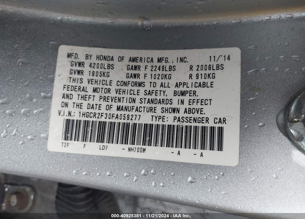 2015 HONDA ACCORD LX VIN: 1HGCR2F30FA059277
