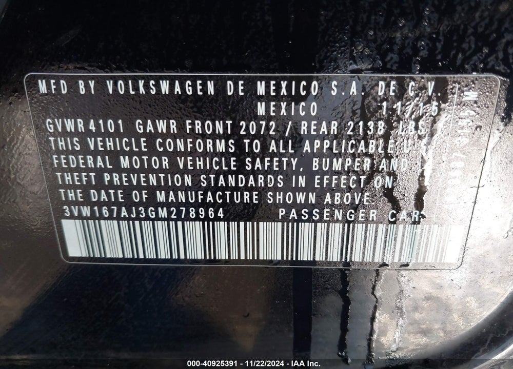 2016 VOLKSWAGEN JETTA 1.4T S VIN: 3VW167AJ3GM278964