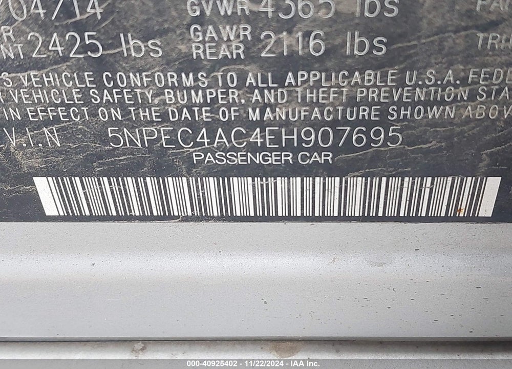 2014 HYUNDAI SONATA LIMITED VIN: 5NPEC4AC4EH907695