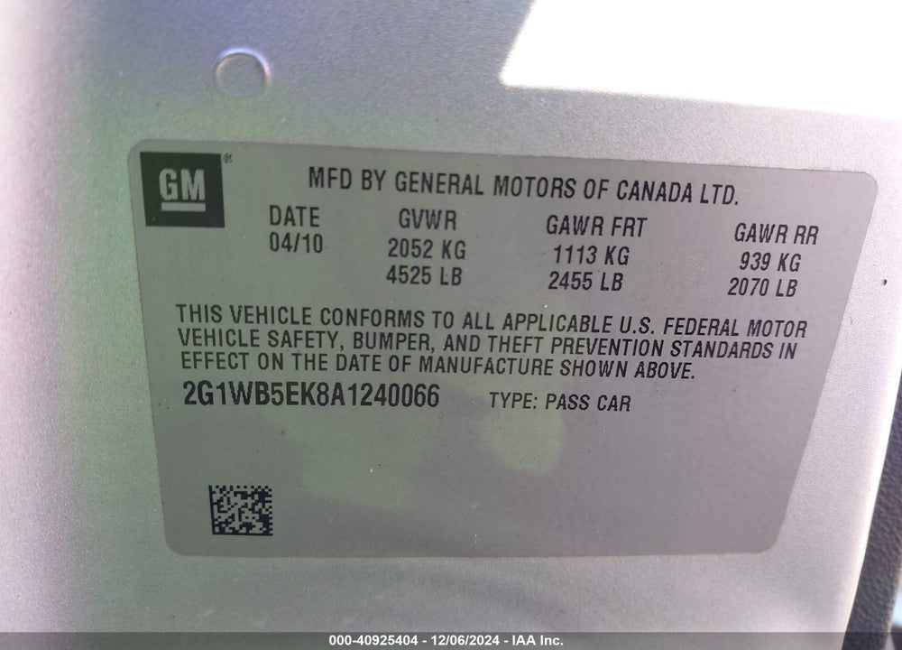 2010 CHEVROLET IMPALA VIN: 2G1WB5EK8A1240066