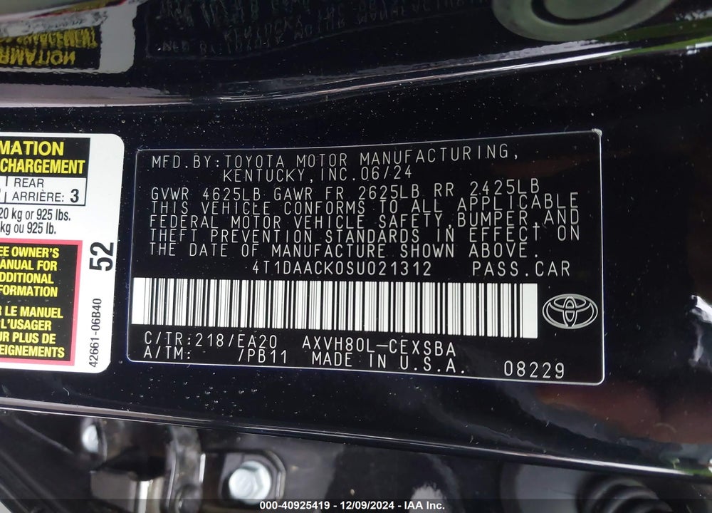 2025 TOYOTA CAMRY SE VIN: 4T1DAACK0SU021312