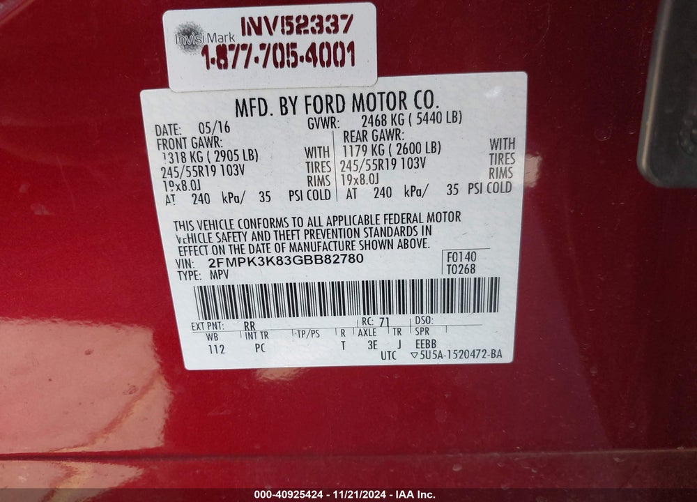 2016 FORD EDGE TITANIUM VIN: 2FMPK3K83GBB82780