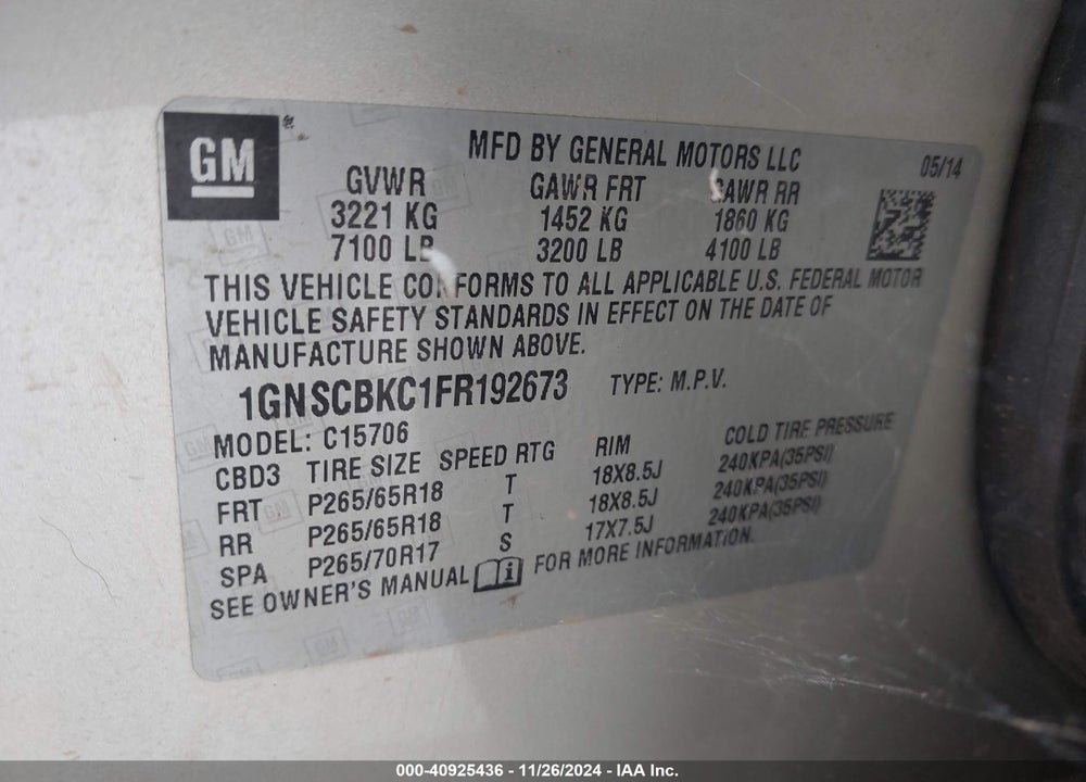 2015 CHEVROLET TAHOE LT VIN: 1GNSCBKC1FR192673