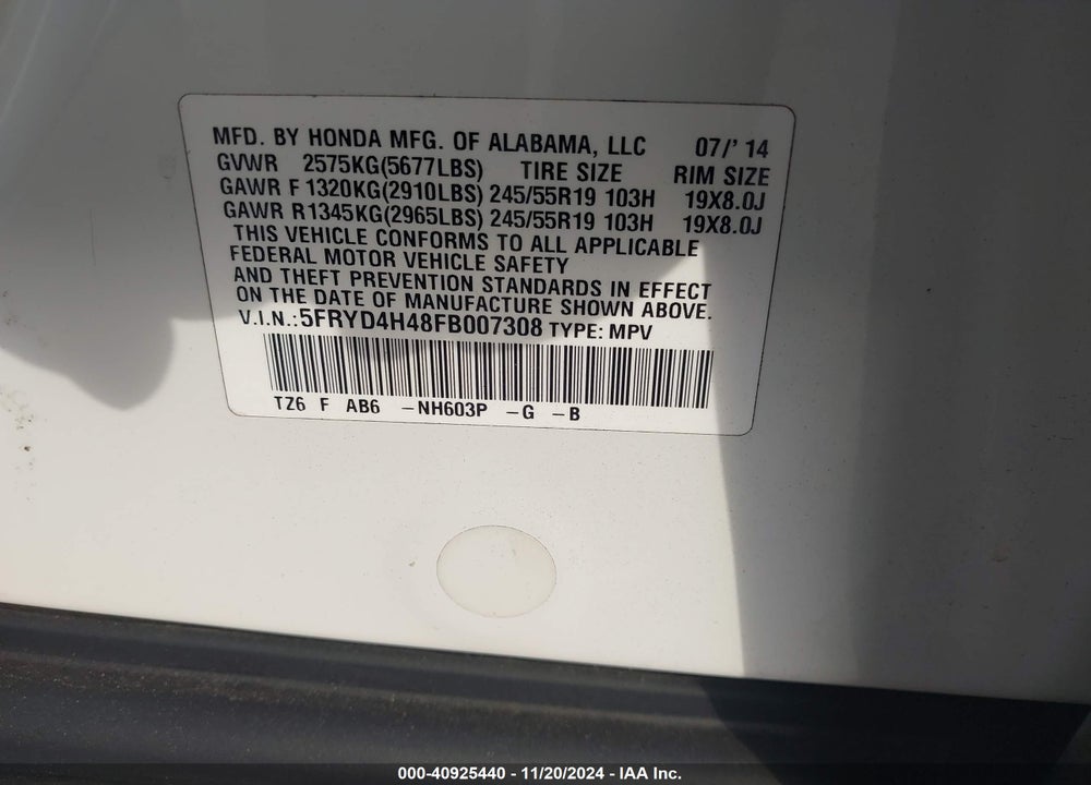 2015 ACURA MDX TECHNOLOGY PACKAGE VIN: 5FRYD4H48FB007308