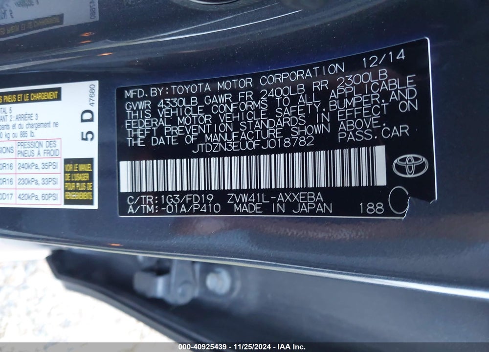 2015 TOYOTA PRIUS V THREE VIN: JTDZN3EU0FJ018782