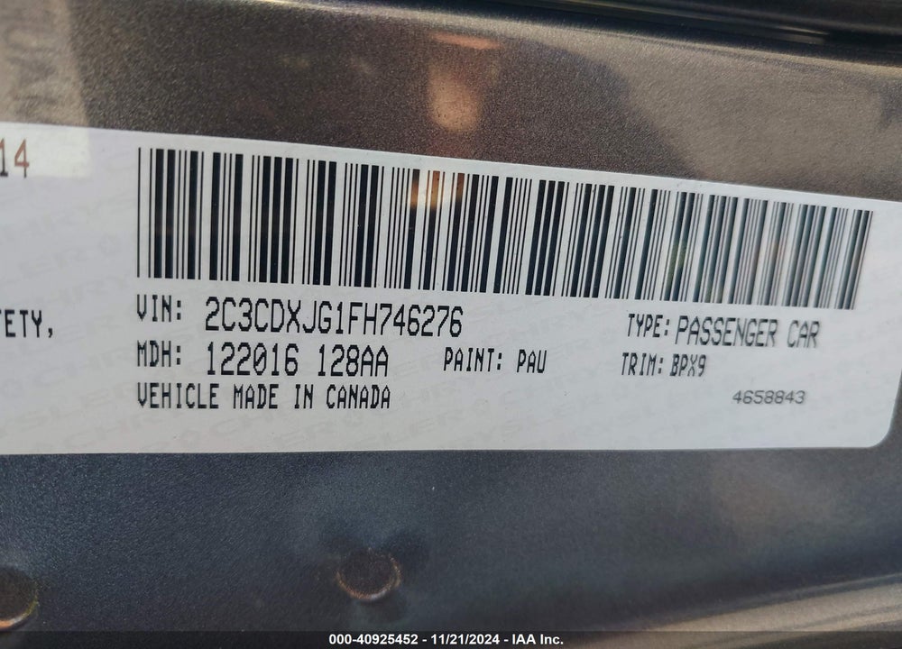 2015 DODGE CHARGER VIN: 2C3CDXJG1FH746276