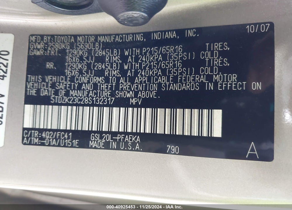2008 TOYOTA SIENNA LE VIN: 5TDZK23C28S132317