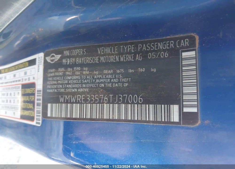 2006 MINI COOPER S VIN: WMWRE33576TJ37006