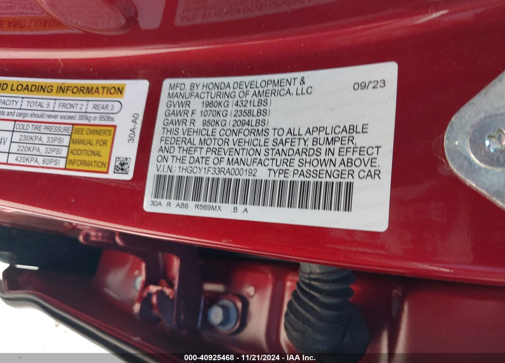 2024 HONDA ACCORD VIN: 1HGCY1F33RA000192