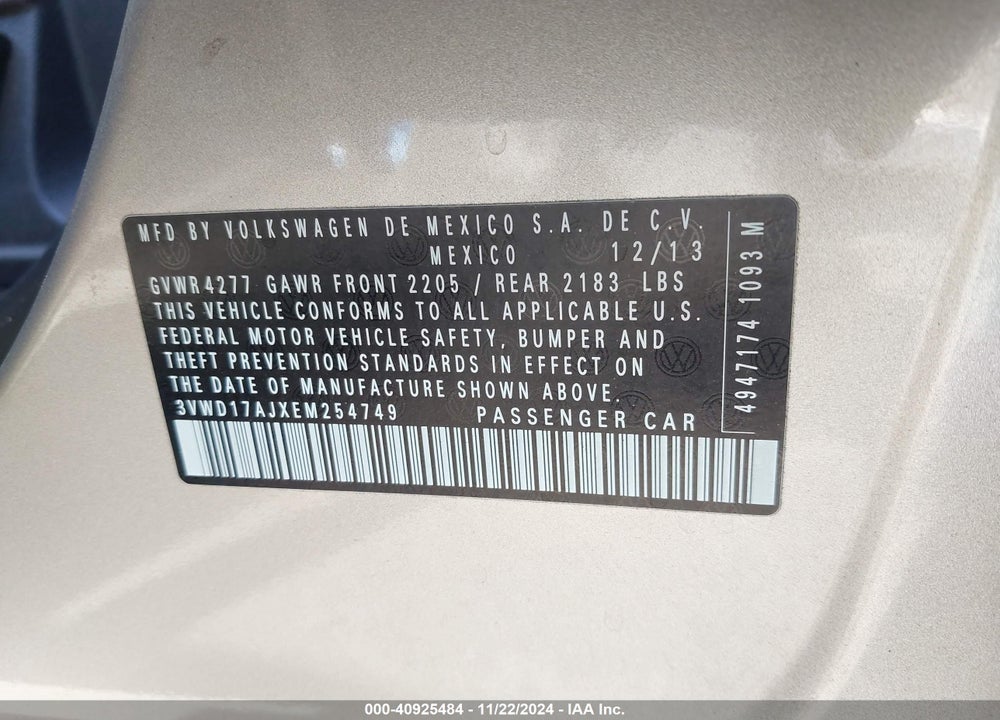 2014 VOLKSWAGEN JETTA 1.8T SE VIN: 3VWD17AJXEM254749