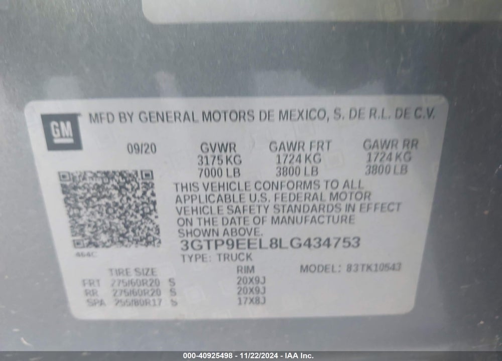 2020 GMC SIERRA 1500 4WD SHORT BOX AT4 VIN: 3GTP9EEL8LG434753