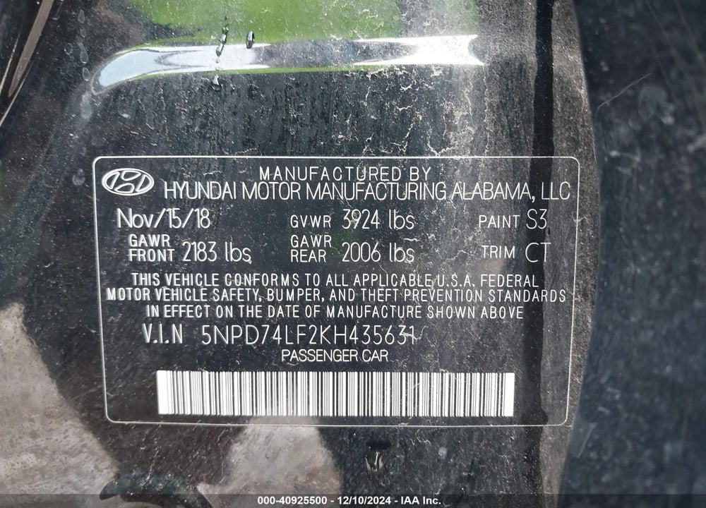 2019 HYUNDAI ELANTRA VIN: 5NPD74LF2KH435631