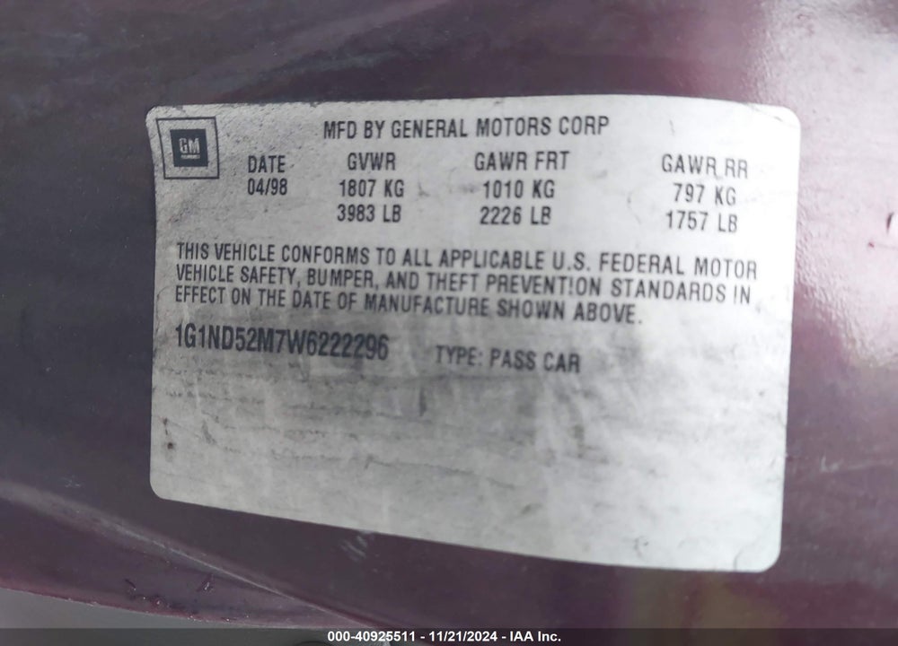 1998 CHEVROLET MALIBU VIN: 1G1ND52M7W6222296