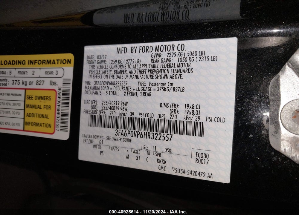 2017 FORD FUSION SPORT VIN: 3FA6P0VP6HR322557