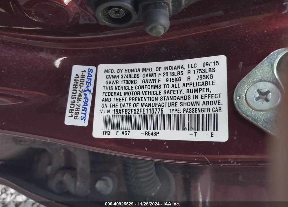 2015 HONDA CIVIC LX VIN: 19XFB2F52FE110776