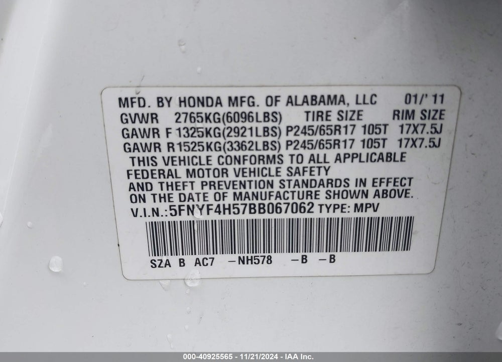 2011 HONDA PILOT EX-L VIN: 5FNYF4H57BB067062