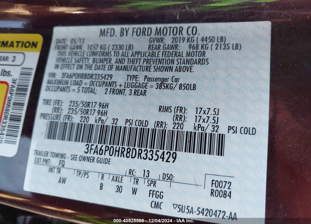 2013 FORD FUSION SE VIN: 3FA6P0HR8DR335429