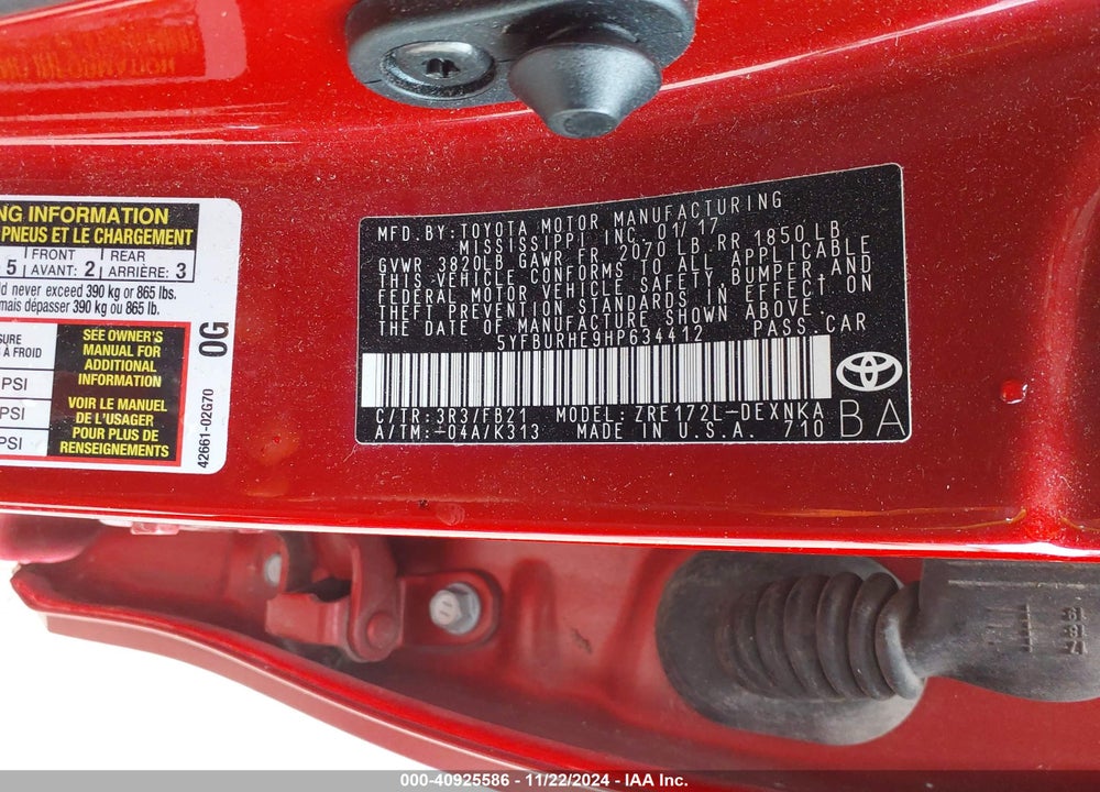 2017 TOYOTA COROLLA LE VIN: 5YFBURHE9HP634412