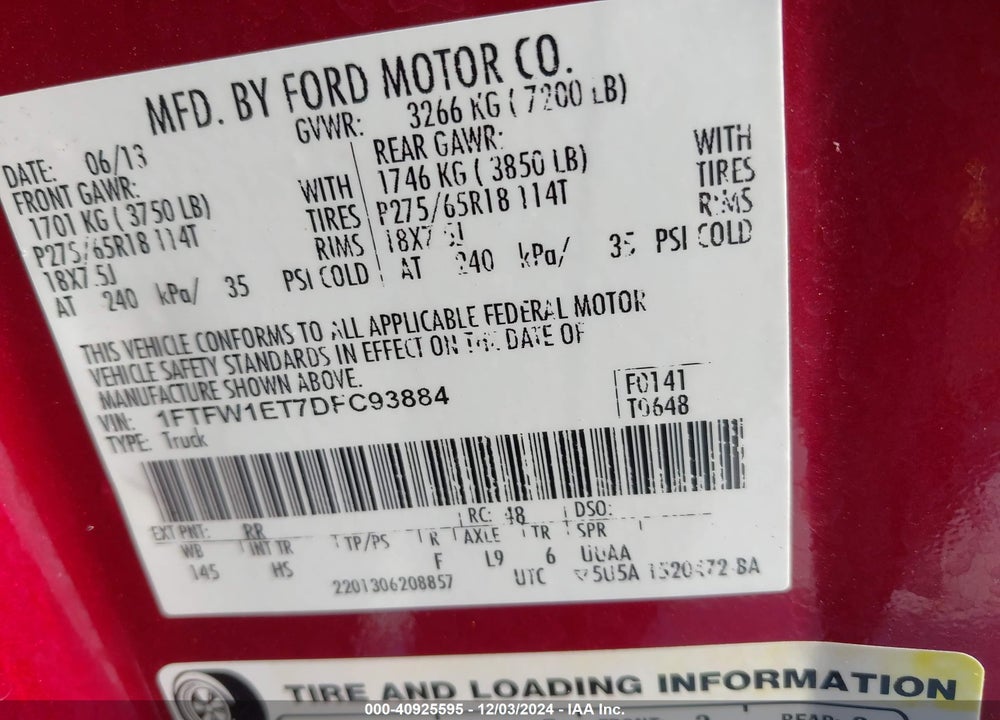 2013 FORD F-150 LARIAT VIN: 1FTFW1ET7DFC93884