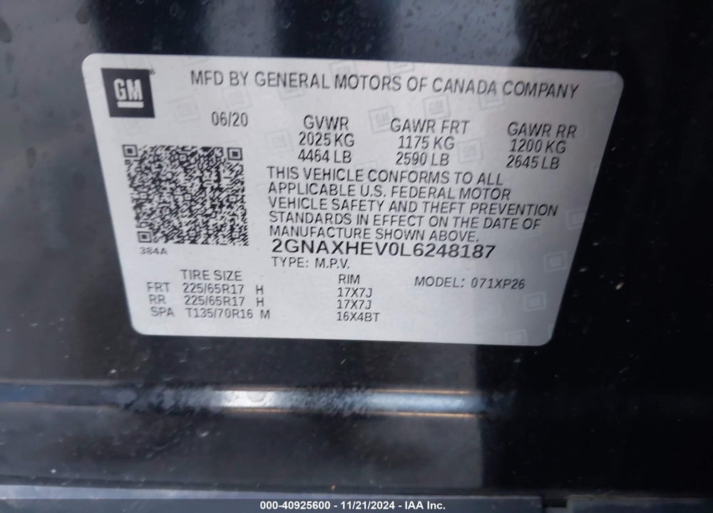 2020 CHEVROLET EQUINOX FWD LS VIN: 2GNAXHEV0L6248187