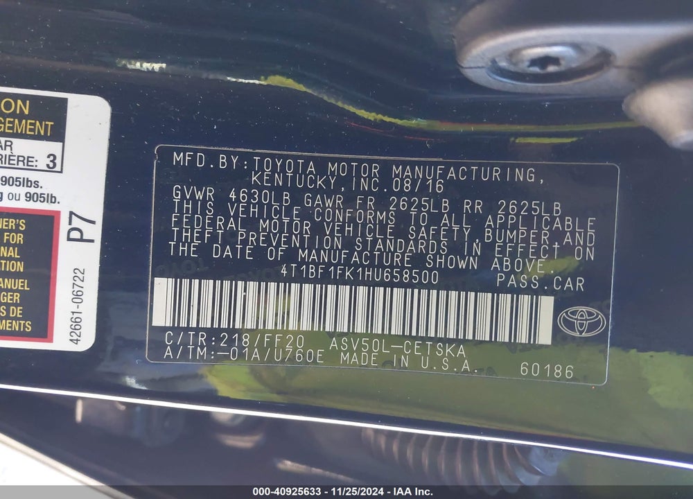 2017 TOYOTA CAMRY SE VIN: 4T1BF1FK1HU658500