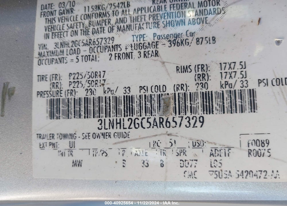 2010 LINCOLN MKZ VIN: 3LNHL2GC5AR657329