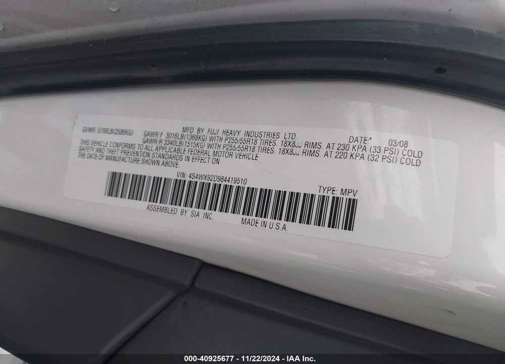 2008 SUBARU TRIBECA LIMITED 5-PASSENGER VIN: 4S4WX92D984419510