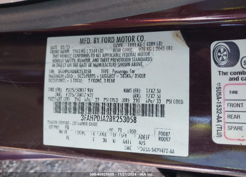 2011 FORD FUSION SEL VIN: 3FAHP0JA2BR253058