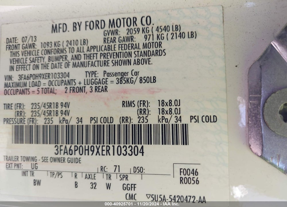 2014 FORD FUSION SE VIN: 3FA6P0H9XER103304