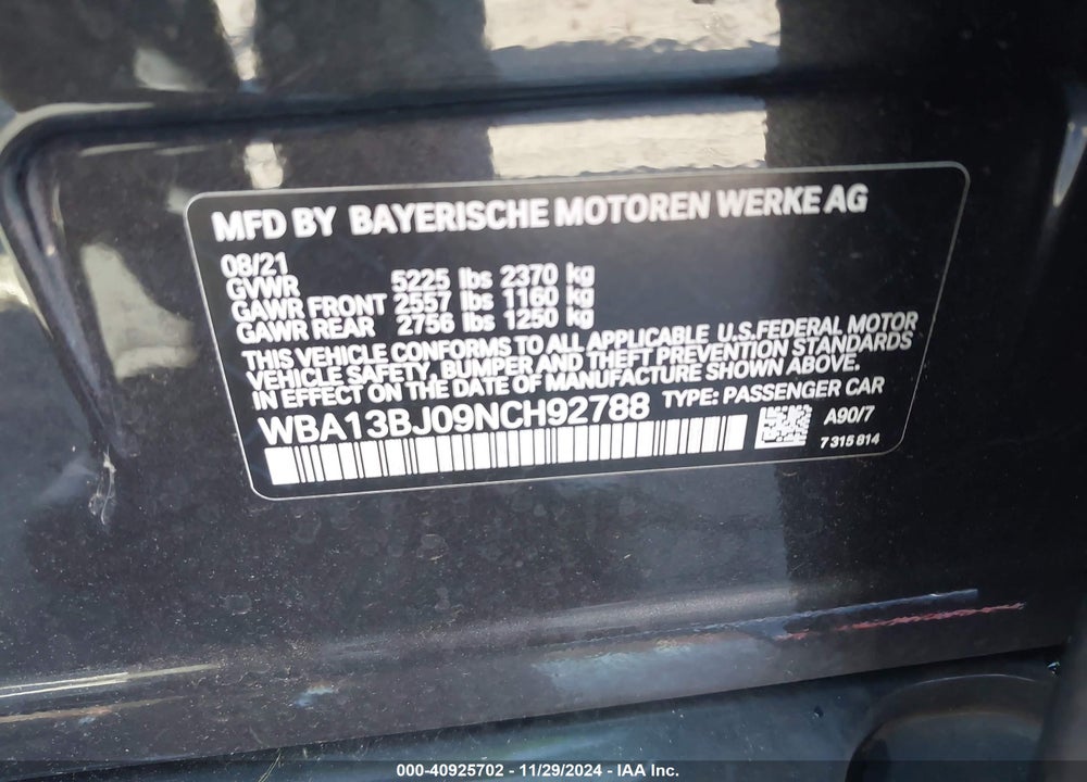 2022 BMW 530 I XDRIVE VIN: WBA13BJ09NCH92788