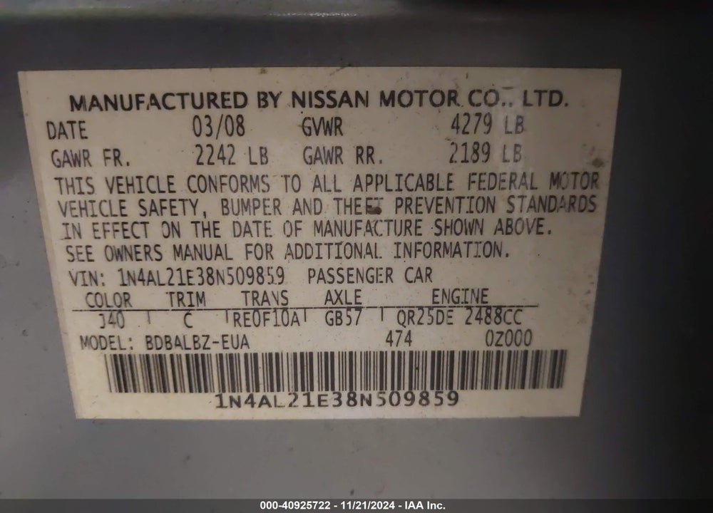 2008 NISSAN ALTIMA 2.5 S VIN: 1N4AL21E38N509859