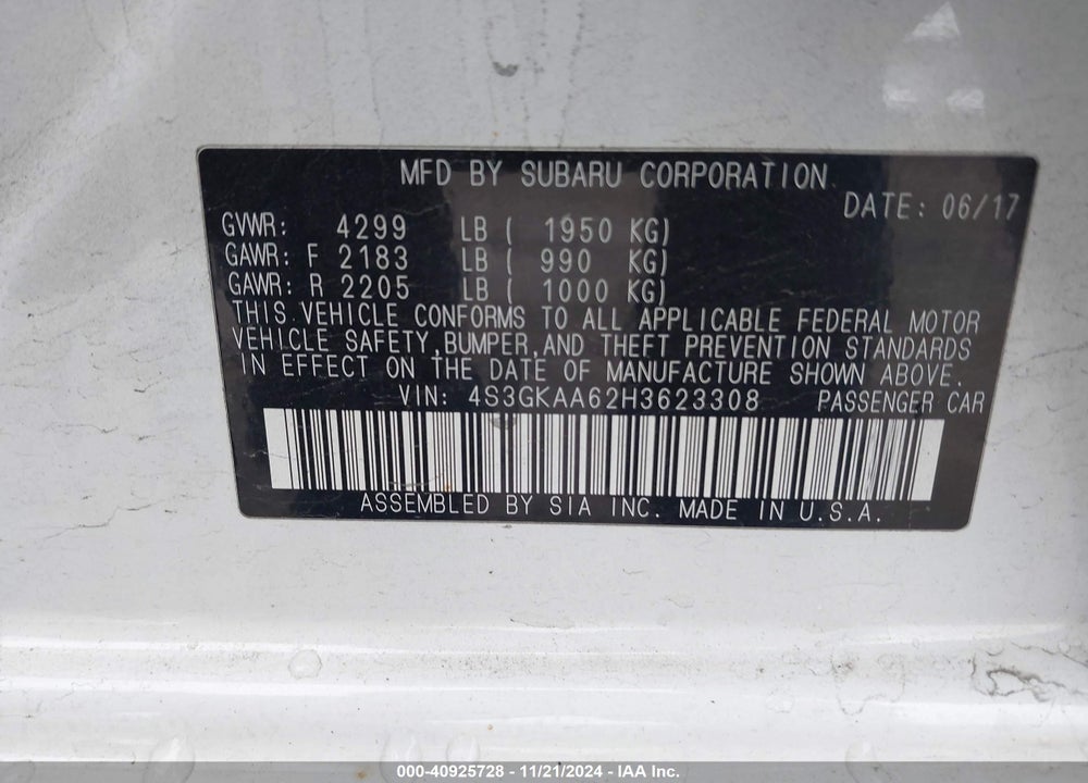 2017 SUBARU IMPREZA 2.0I VIN: 4S3GKAA62H3623308