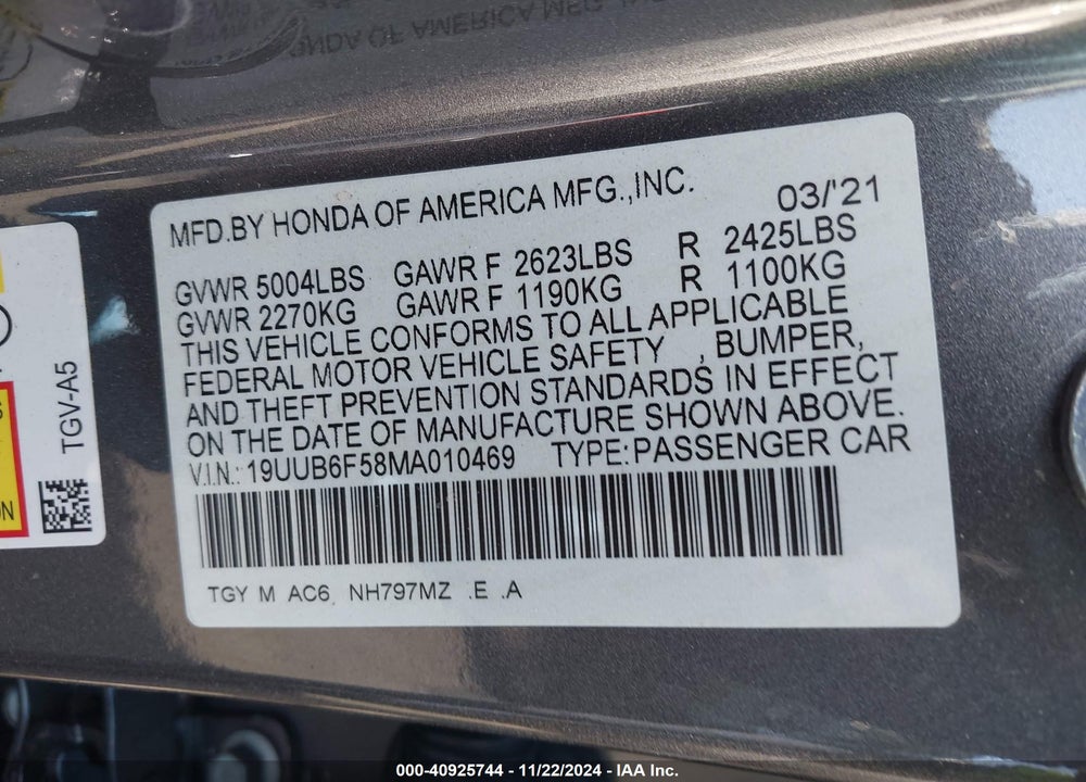 2021 ACURA TLX VIN: 19UUB6F58MA010469