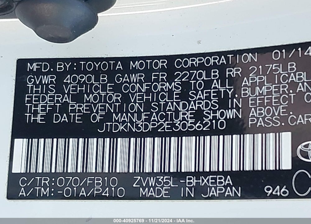 2014 TOYOTA PRIUS PLUG-IN VIN: JTDKN3DP2E3056210