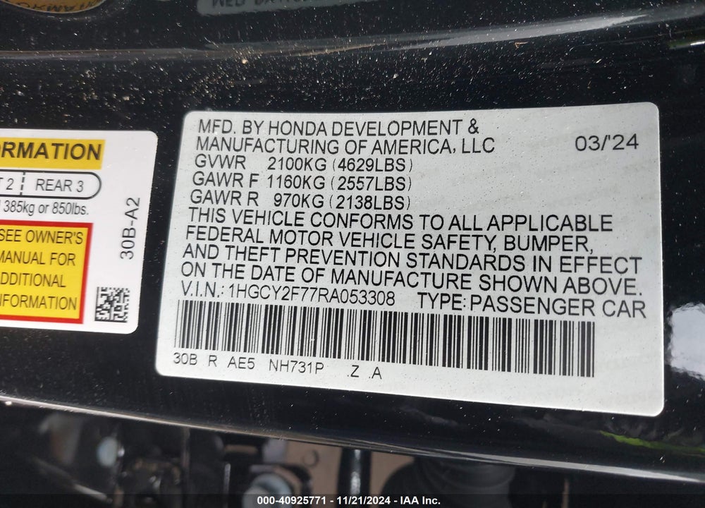 2024 HONDA ACCORD VIN: 1HGCY2F77RA053308