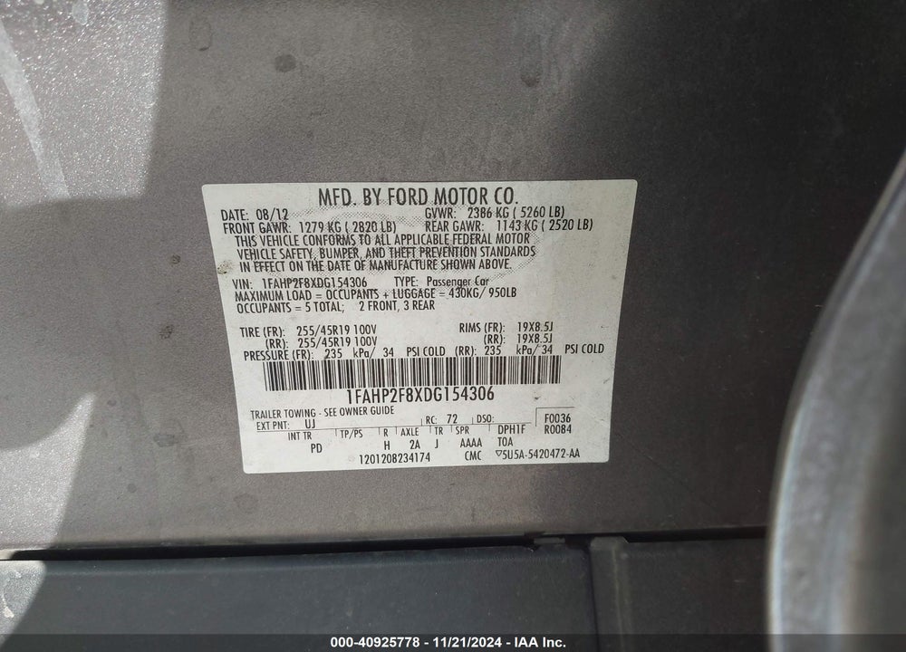 2013 FORD TAURUS VIN: 1FAHP2F8XDG154306