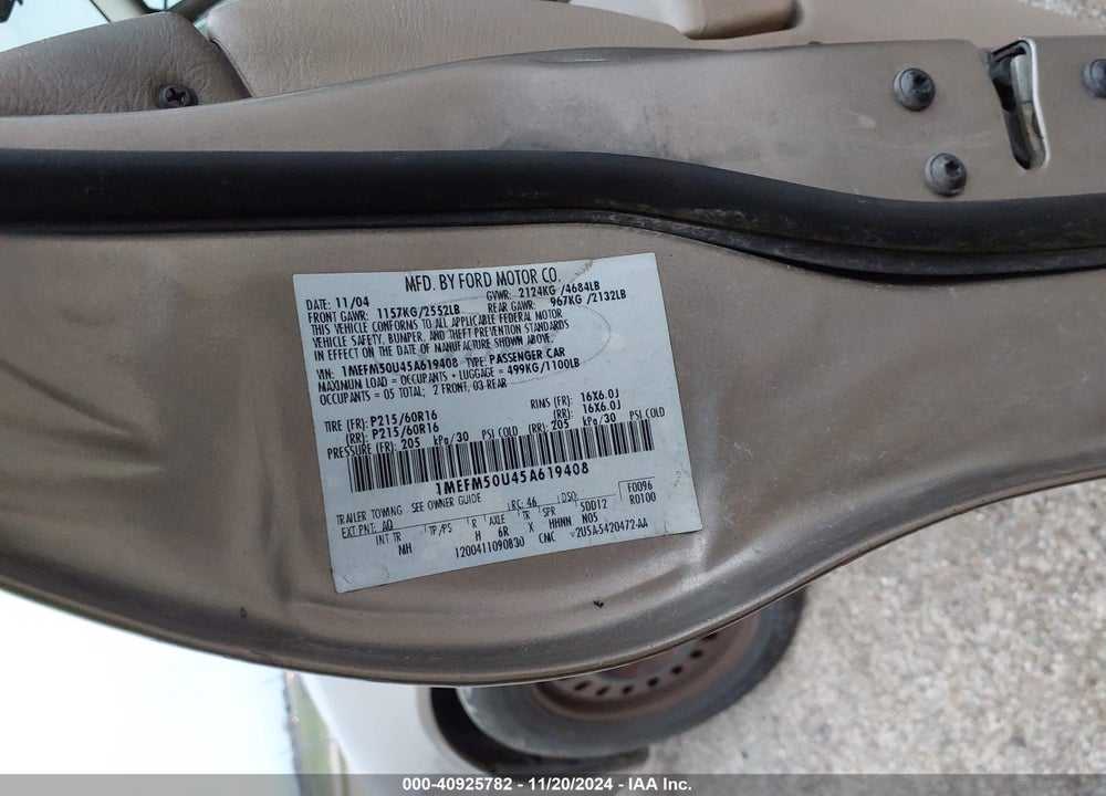 2005 MERCURY SABLE GS VIN: 1MEFM50U45A619408