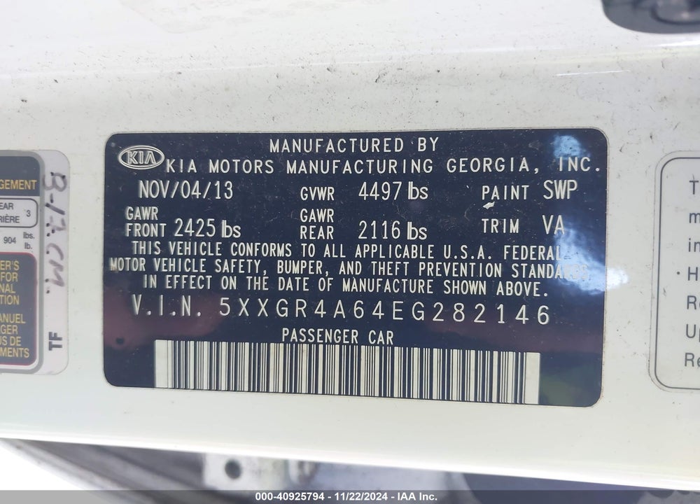 2014 KIA OPTIMA SXL TURBO VIN: 5XXGR4A64EG282146